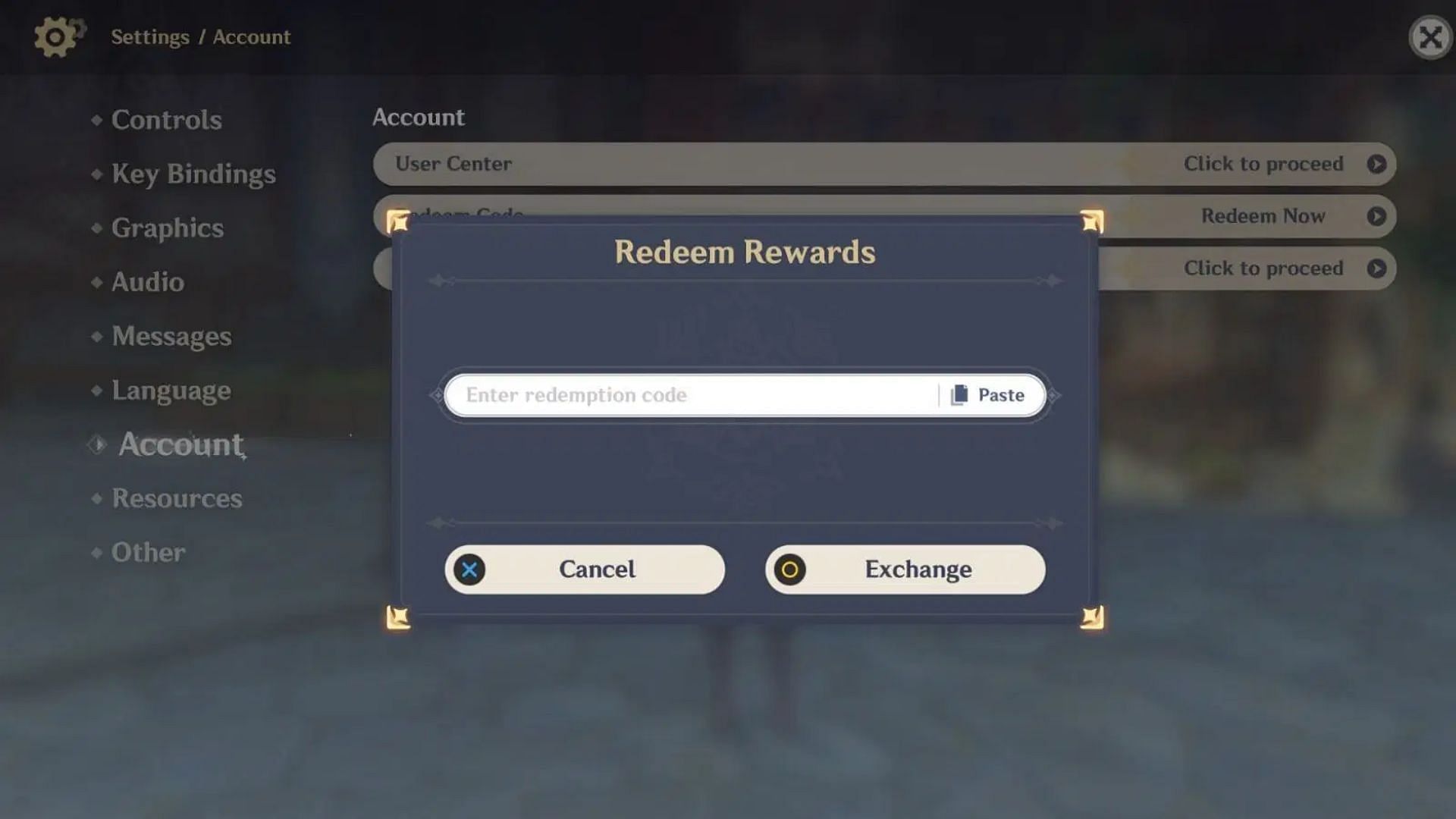 In-game menu for redeeming codes (Image via HoYoverse)